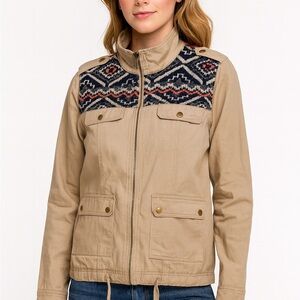 Blu Pepper Cocoa Utility Jacket with Patterned Shoulders